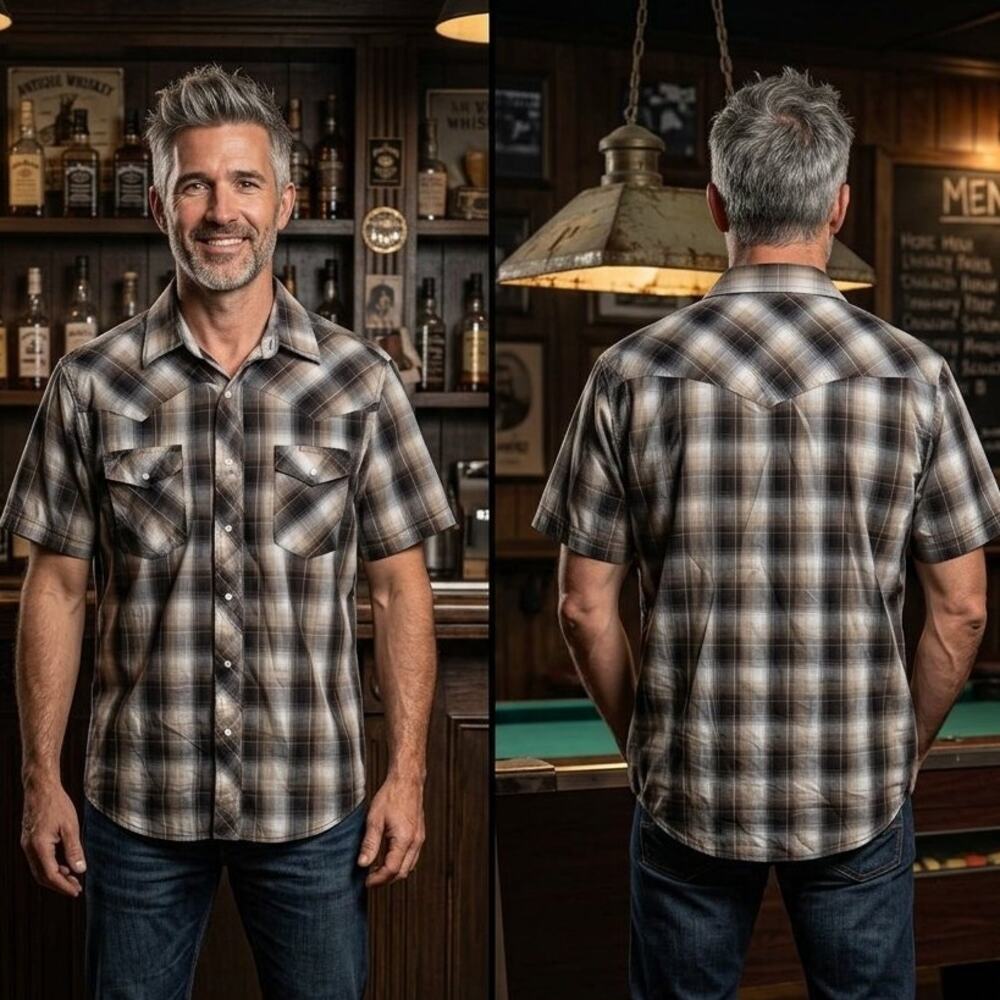 Wrangler Plaid Pearl Snap Short Sleeve Western Shirt Mens Large 46 48 Brown Gray